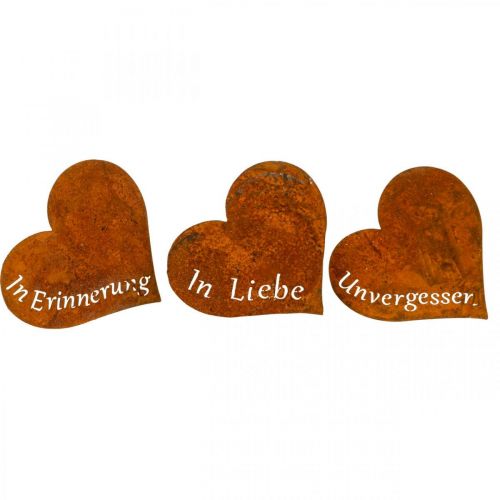 Floristik24 Trauerfloristik, Herzstecker “In Erinnerung” „In Liebe" „Unvergessen”, Metalldeko Edelrost 8×7cm 12 St