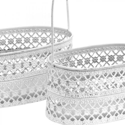 Floristik24 Metallkörbchen oval, Deko-Gefäß zum Bepflanzen Weiß, Silbern Vintage Optik L17/22cm H25/28cm 2er-Set
