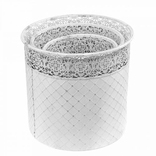Artikel Pflanztopf mit Spitzenmuster, Gefäß aus Metall, Dekoeimer Weiß, Silbern Shabby Chic H28/25,5/23,5cm Ø29,5/25,5/20cm 3er-Set