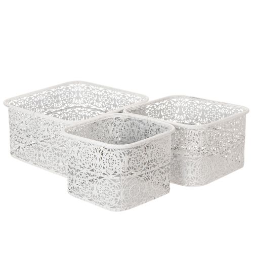 Artikel Metallschalen 3er-Set Eckig, Spitzenmuster, Weiß-Silber, 27/23/19 cm, Dekogefäße
