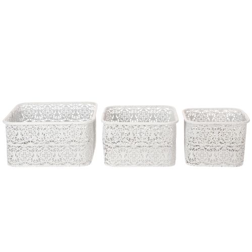 Metallschalen 3er-Set Eckig, Spitzenmuster, Weiß-Silber, 27/23/19 cm, Dekogefäße | Floristik24.at