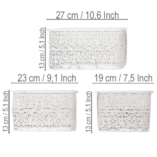 Metallschalen 3er-Set Eckig, Spitzenmuster, Weiß-Silber, 27/23/19 cm, Dekogefäße | Floristik24.at