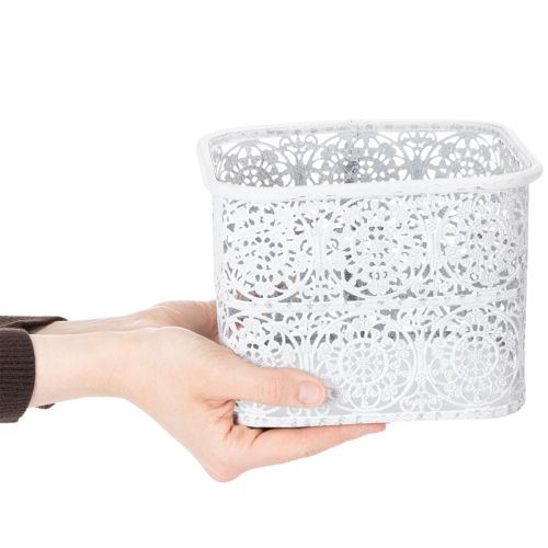 Artikel Metallschalen 3er-Set Eckig, Spitzenmuster, Weiß-Silber, 27/23/19 cm, Dekogefäße