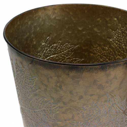 Floristik24 Deko Pflanztopf mit Blättern Zink Metallic Grau, Orange, Braun Ø18,5cm H15,5cm 3St