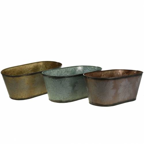 Floristik24 Deko Pflanztopf mit Blättern oval Zink Metallic Grau, Orange, Braun 38×20cm H15cm 3St