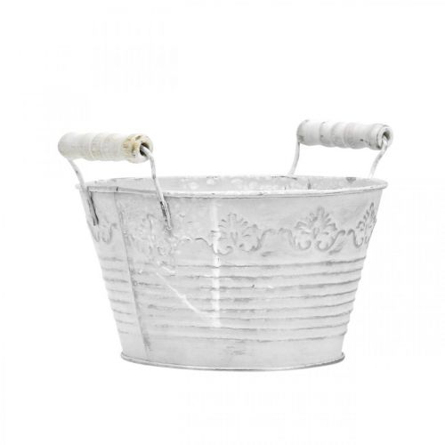 Floristik24 Deko-Schale zum Bepflanzen, Topf mit Holzgriffen, Metalldeko Weiß, Silbern Ø16,5cm H12,5cm B20cm