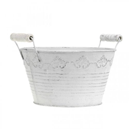 Floristik24 Pflanzgefäß mit Prägung, Deko-Schale mit Holzgriffen, Metalltopf Weiß, Silbern Ø18,5cm H12cm B22cm