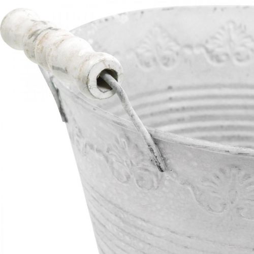 Floristik24 Metallgefäß, Deko-Schale mit Muster, Pflanztopf mit Holzgriffen Weiß, Silbern Ø21,5cm H14,5cm B24,5cm