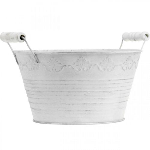 Floristik24 Metallgefäß, Deko-Schale mit Muster, Pflanztopf mit Holzgriffen Weiß, Silbern Ø21,5cm H14,5cm B24,5cm