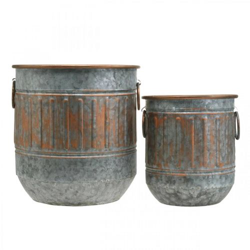 Floristik24 Dekoschale mit Henkeln, Pflanztopf, Metallgefäß Silbern, Kupferfarben Antik-Optik H31/24,5cm Ø29,5/22cm 2er-Set