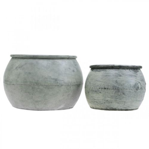 Artikel Metalltopf rund, Deko-Gefäß, Pflanzschale Silbern, Weiß gewaschen, Antik-Optik Ø25,5/18cm H17/13cm 2er-Set