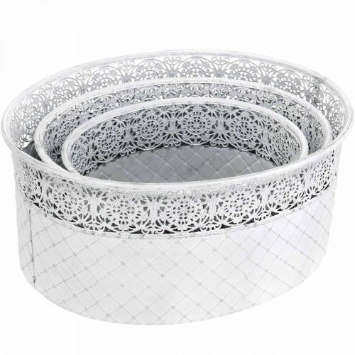 Artikel Schale zum Bepflanzen, Metallgefäß mit Spitzenmuster, Dekotopf oval Weiß, Silbern Shabby Chic L41,5/35/29,5cm H19/16/14,5cm 3er-Set