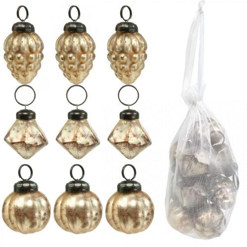 Floristik24 Mini-Glaskugel-Mix, Diamant/Kugel/Zapfen, Baumschmuck Antik-Optik Ø3–3,5cm H4,5–5,5cm 9St