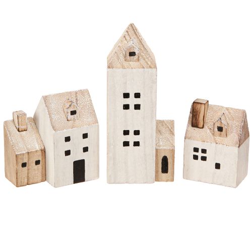 Mini Weihnachtsdorf Holz Deko Weiß Natur H13/7cm 6 St