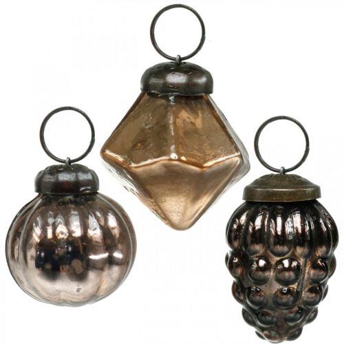 Floristik24 Mini-Weihnachtskugeln, Diamant/Kugel/Zapfen, Glasanhänger-Mix Antik-Optik Ø3–3,5cm H4,5–5,5cm 9St