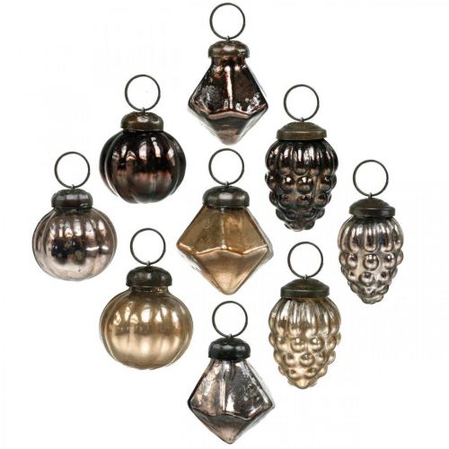 Floristik24 Mini-Weihnachtskugeln, Diamant/Kugel/Zapfen, Glasanhänger-Mix Antik-Optik Ø3–3,5cm H4,5–5,5cm 9St