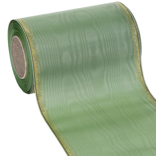 Floristik24 Moiré Kranzband Salbei-Grün mit Goldrand, 150mm x 25m, Dekoratives Band für Floristik und Kränze