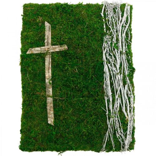 Moosbild Reben und Kreuz für Grabgesteck Grün, Weiß 40×30cm