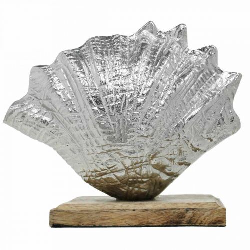 Artikel Muschel zum Aufstellen, Maritime Metalldeko mit Holzfuß Silbern, Natur 16×19cm