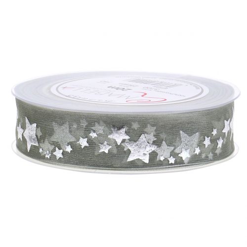 Floristik24 Dekoband Organza mit Sternmotiv Grau 25mm 20m
