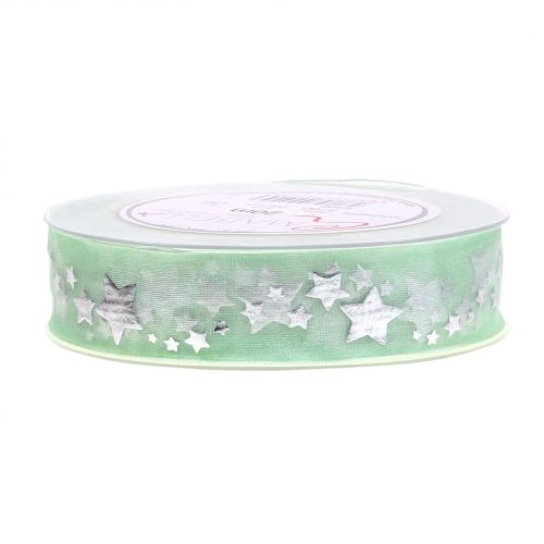 Floristik24 Dekoband Organza mit Sternmotiv Hellgrün 25mm 20m