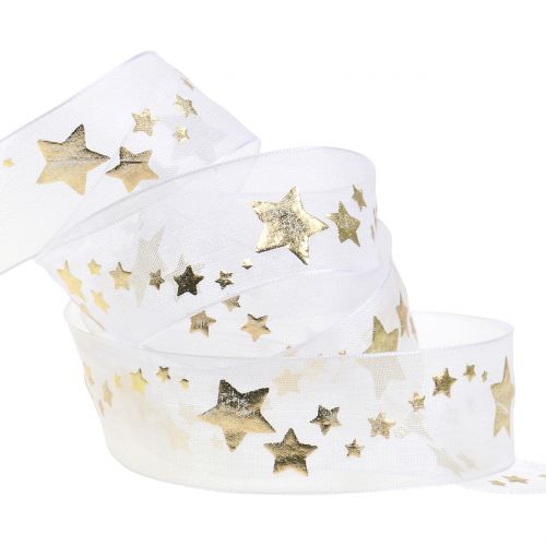 Floristik24 Dekoband Organza mit Sternmotiv Weiß 25mm 20m