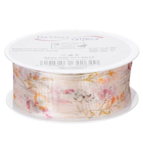 Organzaband Chiffonband Blumenmuster 40mm x 15m Rosa Apricot Orange | Floristik24.at