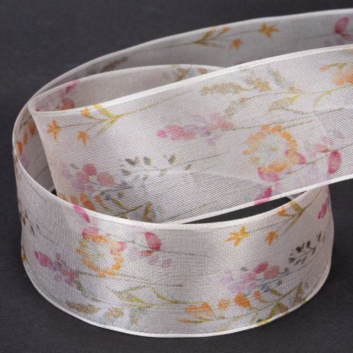 Organzaband Chiffonband Blumenmuster 40mm x 15m Rosa Apricot Orange | Floristik24.at