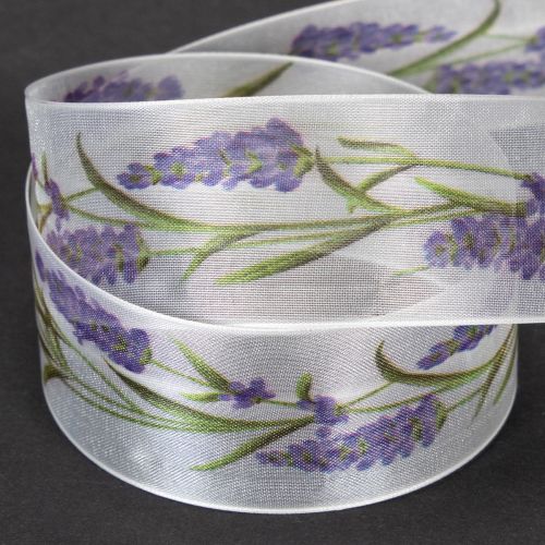 Organzaband 40mm x 20m Lavendel-Motiv Chiffonband Weiß Violett für Dekorationen | Floristik24.at