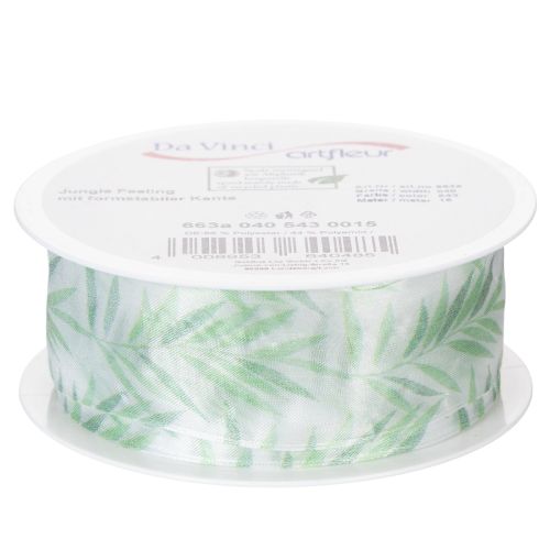 Organzaband Chiffonband mit Pflanzenmotiv 40mm x 15m Weiß-Grün | Floristik24.at