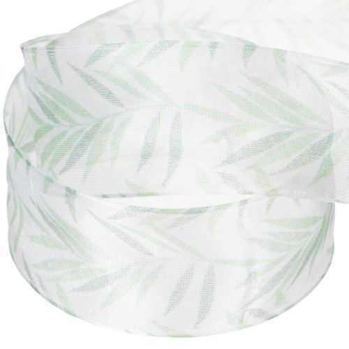 Organzaband Chiffonband mit Pflanzenmotiv 40mm x 15m Weiß-Grün | Floristik24.at