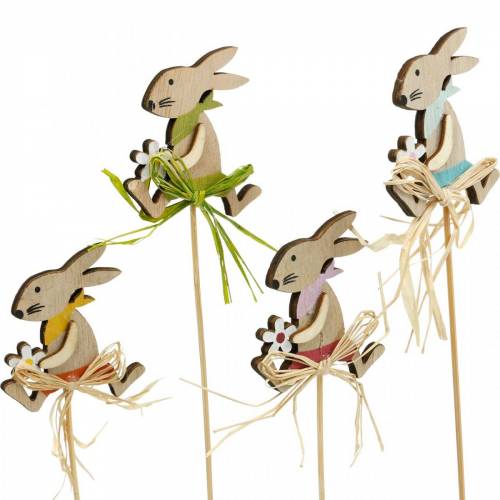 Floristik24 Osterhase mit Blume, Hasendeko für Ostern, Hase am Stab, Frühling, Holzdeko Blumenstecker 12St