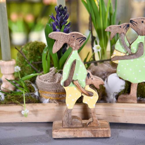 Osterhase mit Kind, Frühlingsdeko aus Holz, Hasenvater, Ostern Natur, Grün, Gelb H22cm