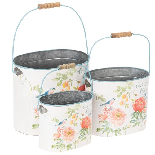 Pflanzeimer oval Metall 26/22/17 cm Blumenmotiv Weiß-Türkis 3er-Set bestellen | Floristik24.at