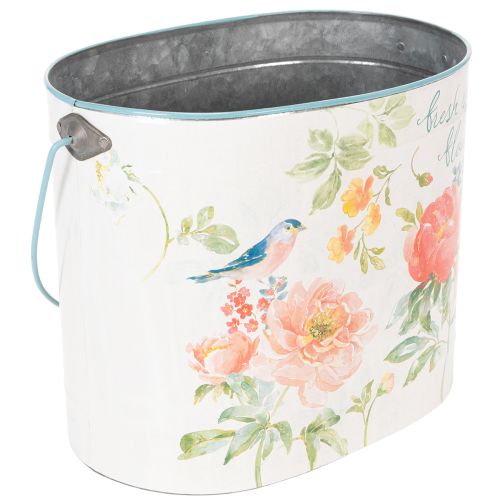 Pflanzeimer oval Metall 26/22/17 cm Blumenmotiv Weiß-Türkis 3er-Set | Floristik24.at
