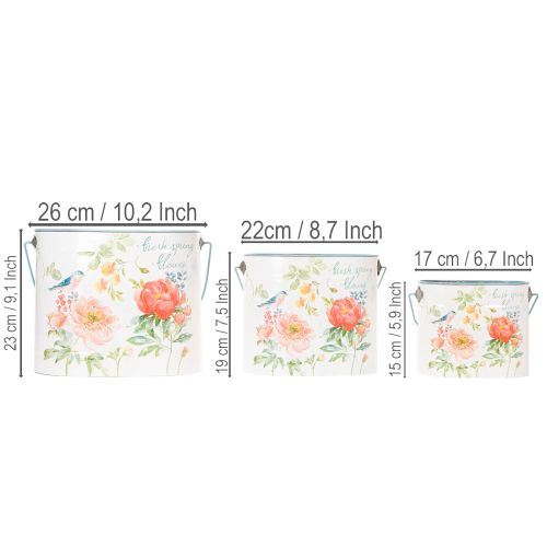 Pflanzeimer oval Metall 26/22/17 cm Blumenmotiv Weiß-Türkis 3er-Set | Floristik24.at