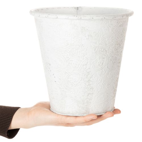 Pflanzgefäß aus Metall mit Ornamenten Weiß Grau Ø20,5cm H19,5cm für Innen und Außen | Floristik24.at