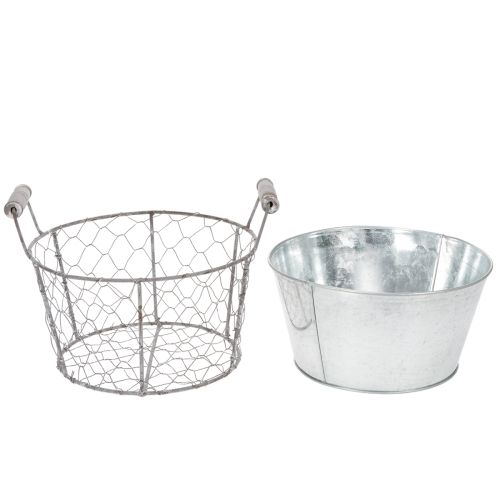 Pflanzkorb mit Einsatz Ø22cm H17,5cm Metall Drahtgeflecht Weiß Silber | Floristik24.at