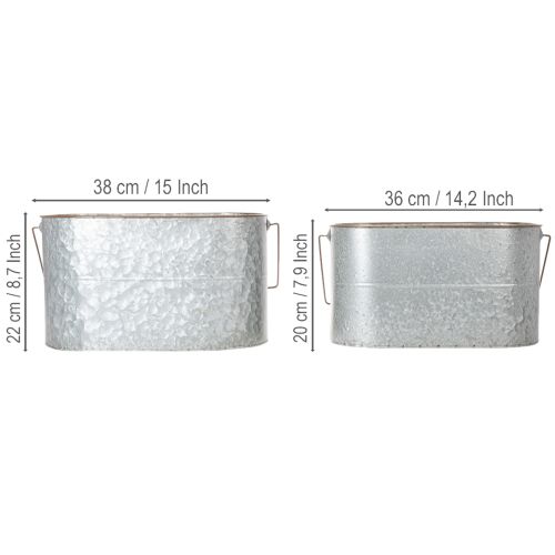 Pflanzschale mit Henkel aus Metall, 2er-Set, silber und braun, H22/20cm L42/40cm | Floristik24.at