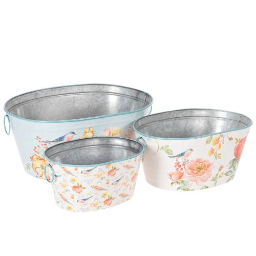 Pflanzschalen Set oval aus Metall mit Blumen- und Vogelmotiven, 3 Stück, 39/31/24,5 cm