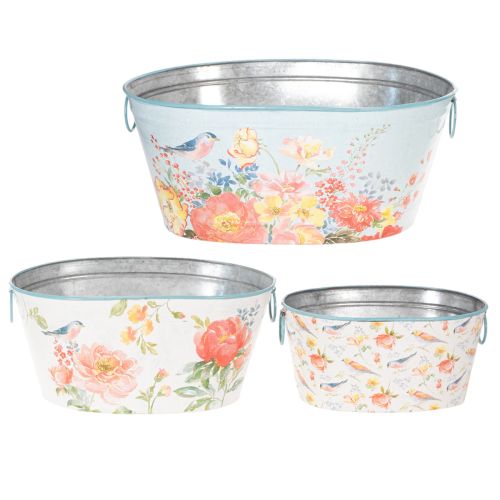 Pflanzschalen Set oval aus Metall mit Blumen- und Vogelmotiven, 3 Stück, 39/31/24,5 cm | Floristik24.at