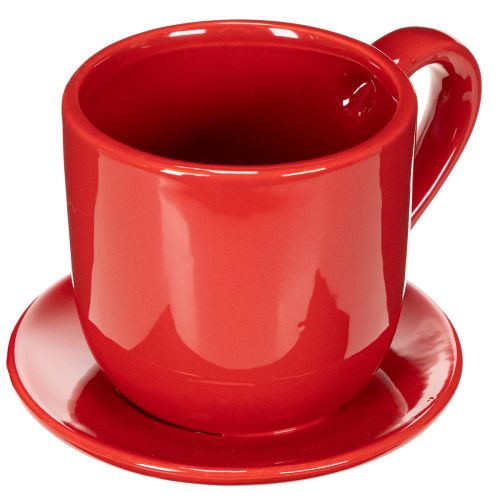 Tasse mit Unterteller aus Keramik 17 cm rot als Pflanztopf für den Innenbereich