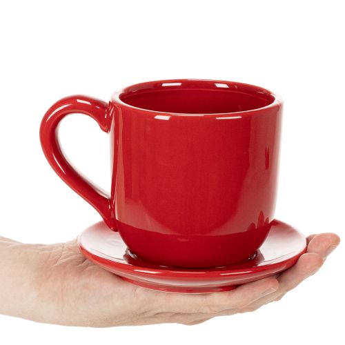 Tasse mit Unterteller aus Keramik 17 cm rot als Pflanztopf für den Innenbereich | Floristik24.at
