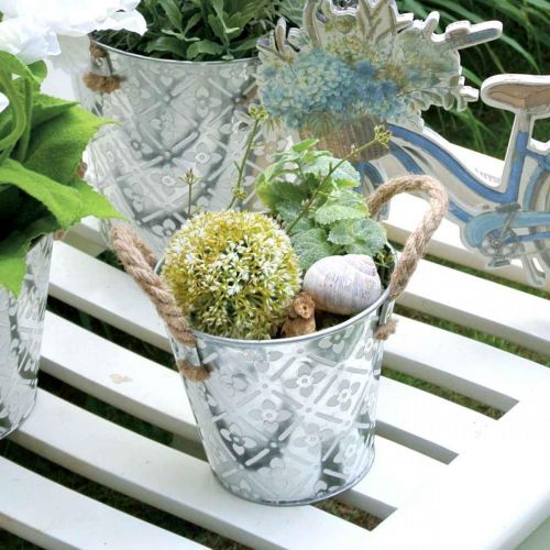 Floristik24 Pflanztopf mit Griffen, Deko-Schale mit Blumenmuster, Metallgefäß Ø14,5cm
