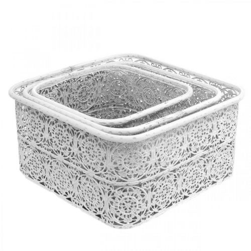 Artikel Metallschalen Spitzenmuster, Dekogefäß Eckig, Shabby Chic, Weiß 27/23/19cm H13,5cm 3er-Set