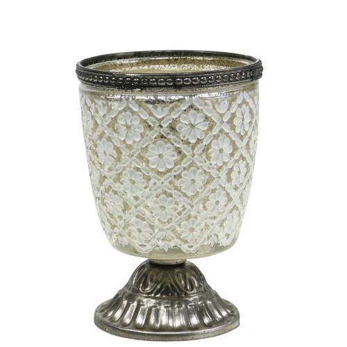 Floristik24 Teelichtglas Pokal Bauernsilber floral Ø9cm H13,5cm