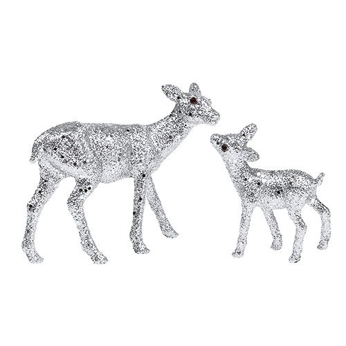 Reh mit Kitz 10cm Silber mit Glimmer