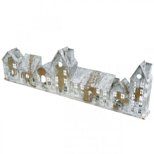 Häuser zum Beleuchten, Fensterdeko, Lichterhäuser Silbern, Metallwindlicht Antik-Look L67,5cm H20cm | Floristik24.at