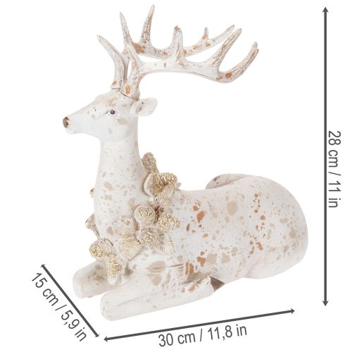 Dekofigur Hirsch sitzend mit Geweih 30cm Weiß Polyresin | Floristik24.at