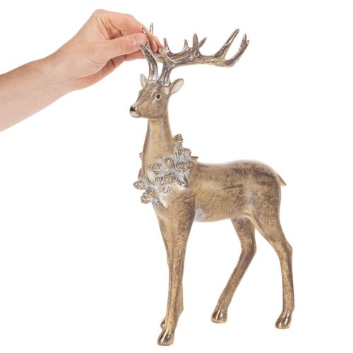 Dekofigur Hirsch stehend aus Polyresin mit Geweih und Tannenzapfen 41 cm gold-silber | Floristik24.at